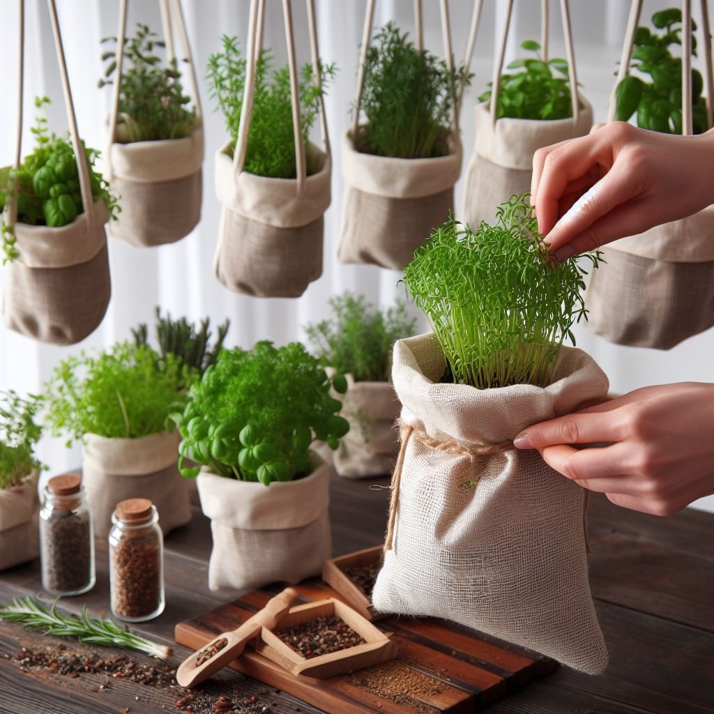 Indoor Herb Garden with Hanging Fabric Pouches